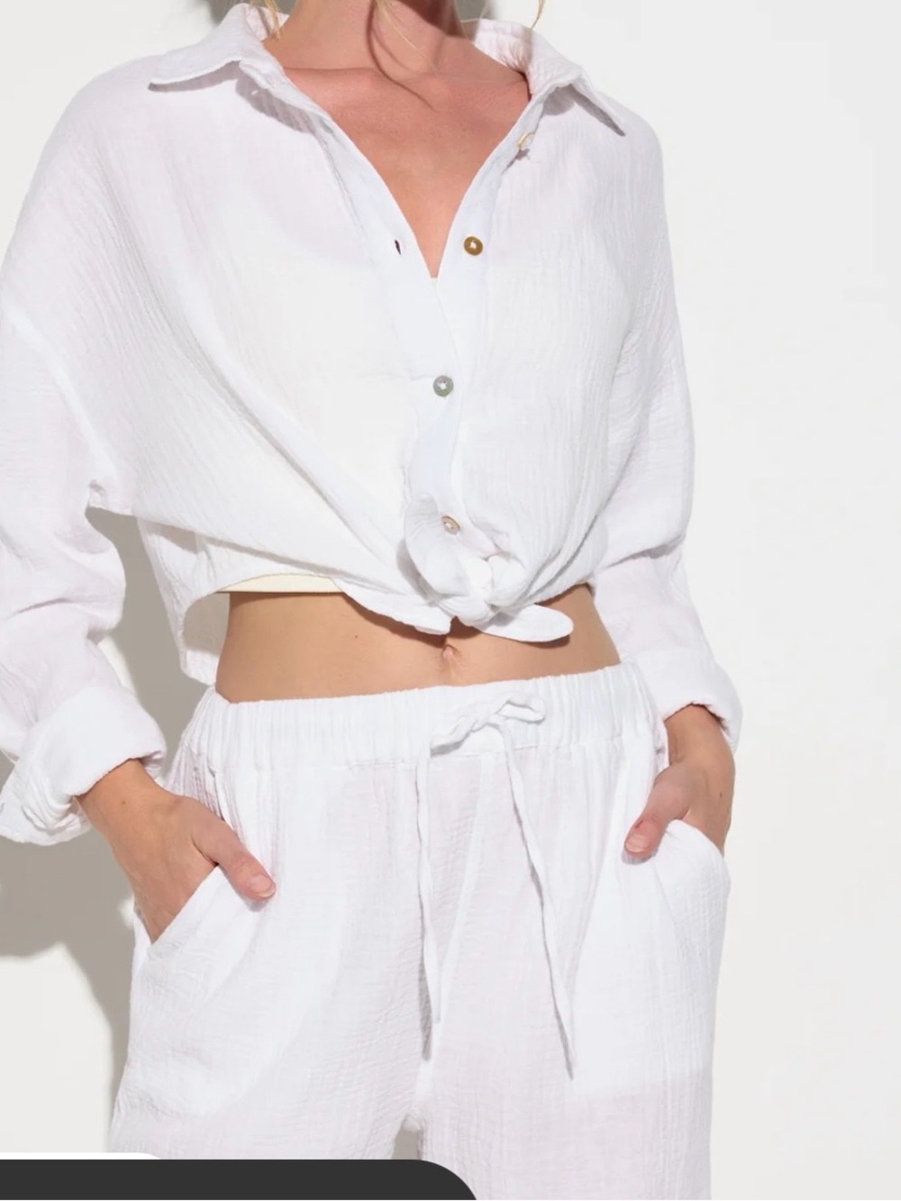 2 Piece set Spiritual Gangster White Cotton Gauze Lounge Shirt/Drawstring Pant